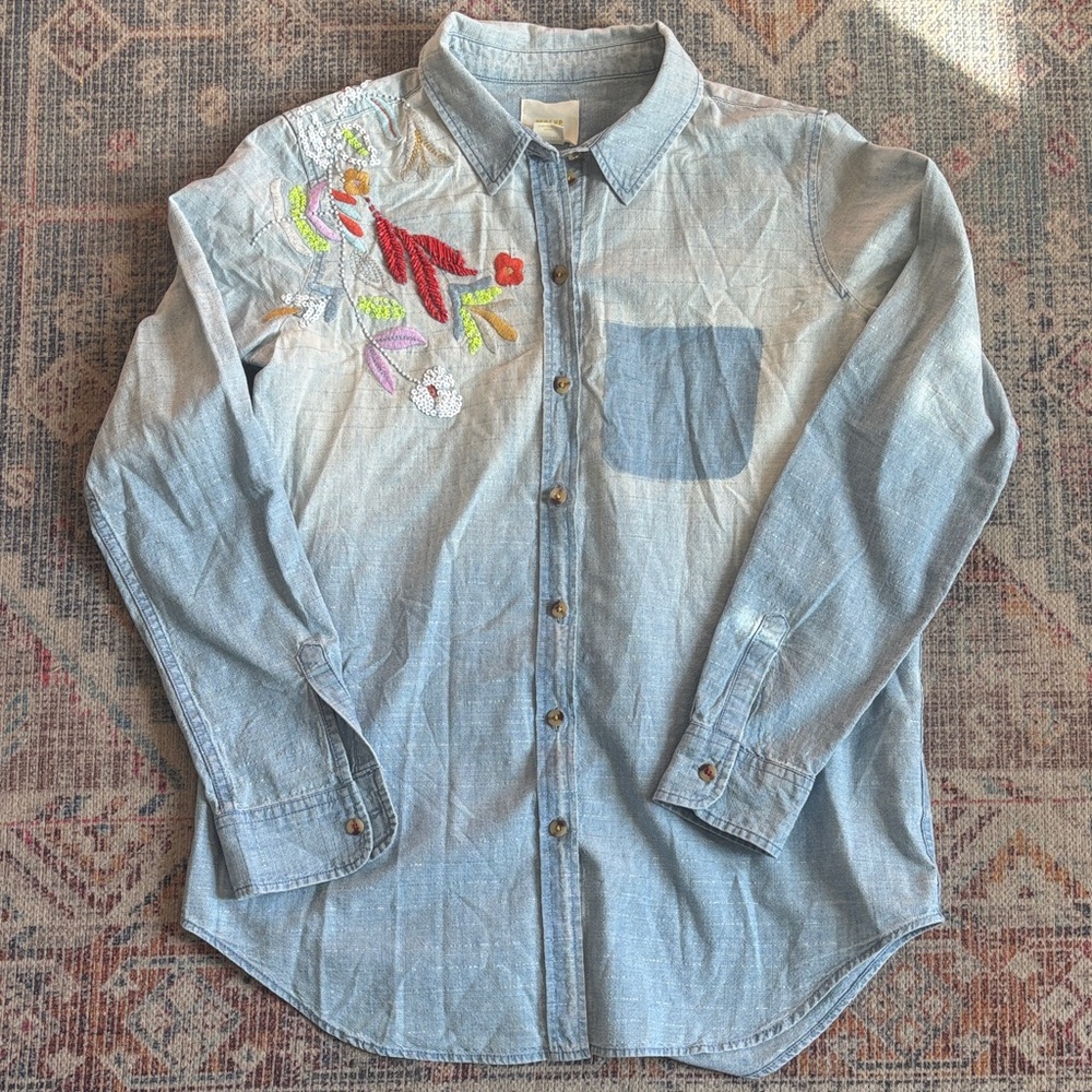 Maeve by anthropology Embroidered Denim Button-Up Shirt